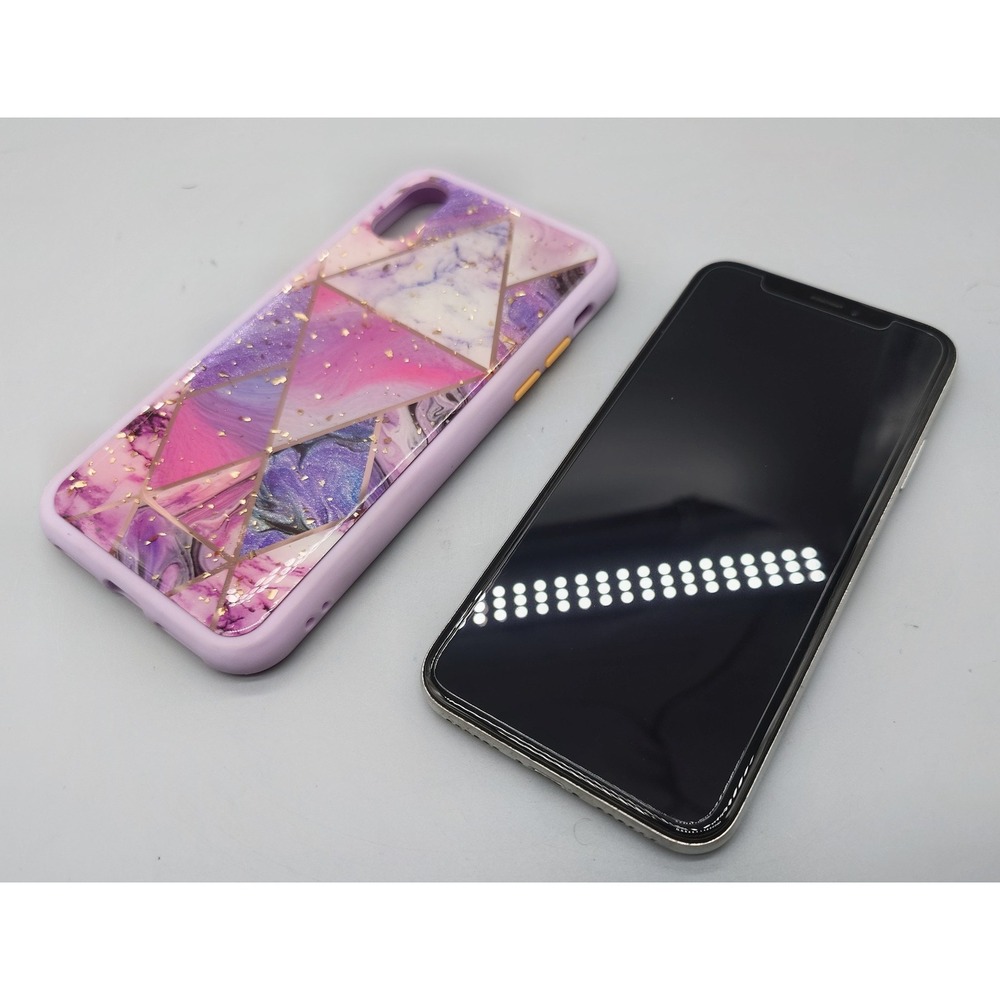Apple iPhone X Silver with Purple Marble Case *AS IS*  [147424-1]